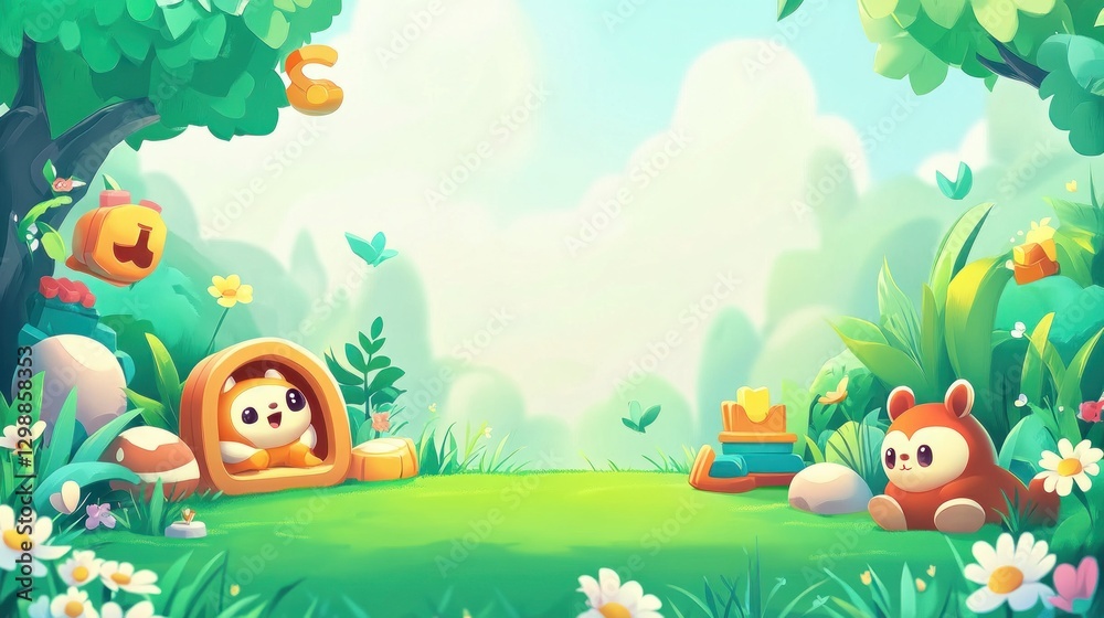 Happy cartoon animals in a sunny forest clearing. Happy cartoon animals in a sunny forest clearing.