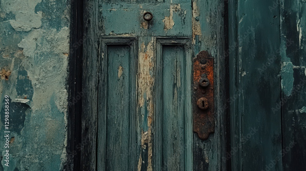 Weathered Teal Door with Rusted Hardware and Flaking Paint Weathered Teal Door with Rusted Hardware and Flaking Paint