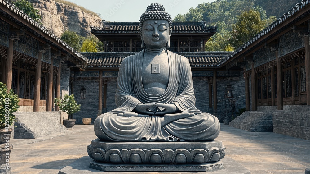 Large stone Buddha statue in serene courtyard surrounded by traditional architecture on a sunny day Large stone Buddha statue in serene courtyard surrounded by traditional architecture on a sunny day