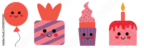 Cute Smiling Balloon, Gift Box, Cupcake, and Candle Dessert Illustration