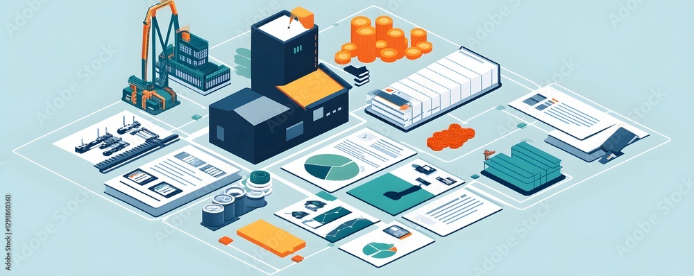 Isometric illustration displays manufacturing process with buildings and data insights Isometric illustration displays manufacturing process with buildings and data insights