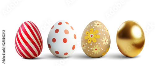 A lively assortment of Easter eggs featuring candy-like stripes, cheerful polka dots, floral patterns, and a lustrous gold finish—ideal for spring festivities, décor, or crafts. 3d vector illustration