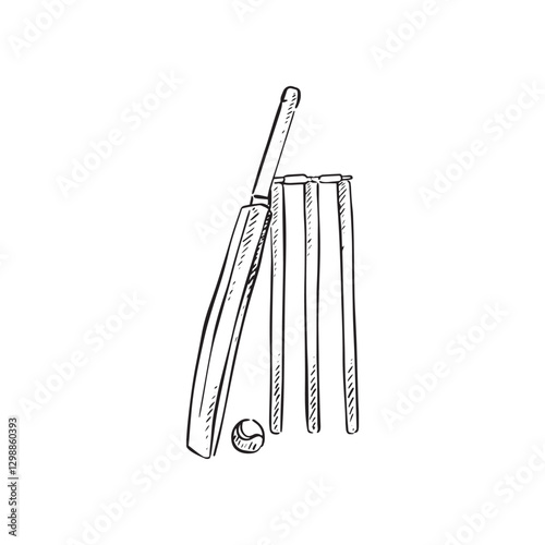 Cricket stumps and cricket bat and ball. Black and white drawing line drawn vector. Sports. 