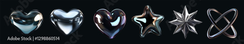 Mesmerizing metallic hearts, stars, and abstract shapes gleam with futuristic reflections against a dark backdrop—ideal for edgy designs, sci-fi themes, or modern branding. 3d vector illustration