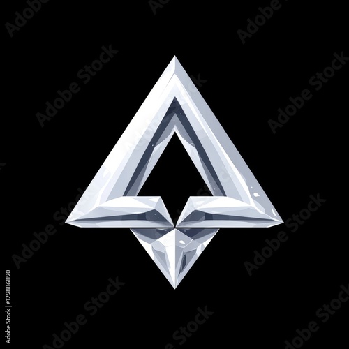 Abstract illustration of a shiny silver triangle shape with geometric design elements on a black background