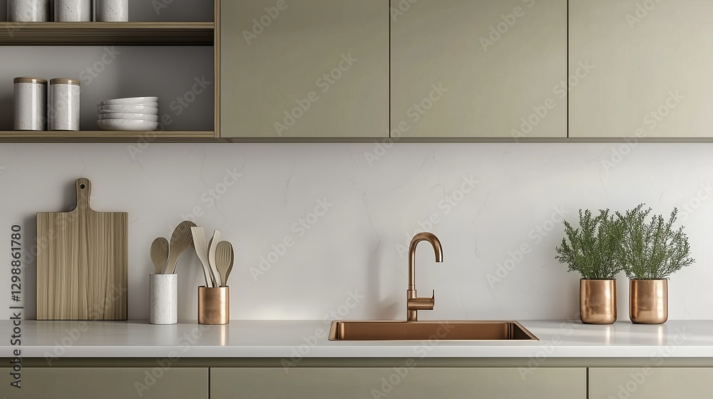 Fototapeta premium 3D rendering of a modern beige kitchen with a white countertop and copper sink, featuring a minimalist interior design. Close-up view of cooking utensils on the counter and wooden cabinets in the back