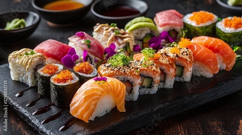 Japanese cuisine, colorful sushi platter, assorted nigiri and maki rolls, fresh seafood, vibrant presentation, slate serving board.