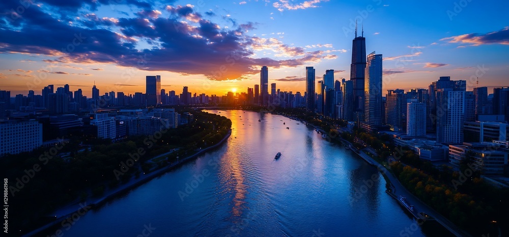 Fototapeta premium Cityscape sunset over river, buildings, boats