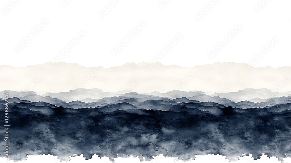 Obraz premium Watercolor Landscape Painting of Layered Mountains with Soft Edges in Navy and Beige Shades Art