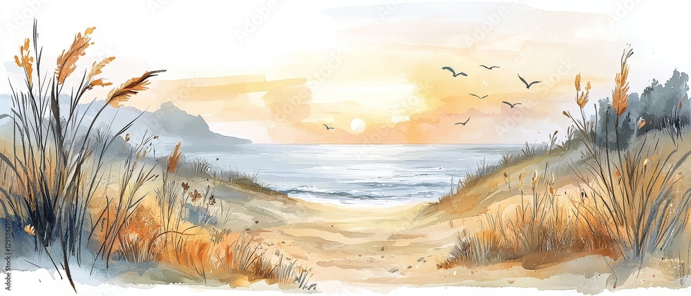 Obraz premium Tranquil ocean sunrise escape coastal beach watercolor art serene environment landscape perspective relaxation concept