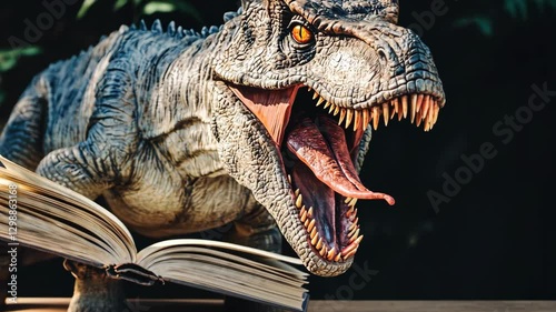 Dinosaur sculpture with an open book on a wooden table in a natural outdoor setting