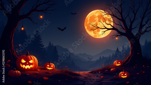 A Halloween night with pumpkins and bats