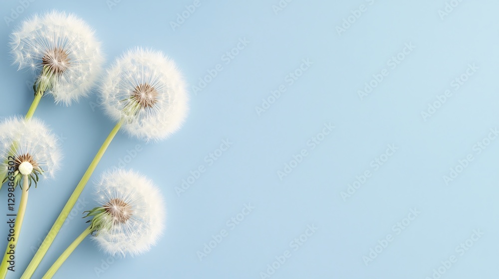 Fototapeta premium dandelion seeds on light blue background - nature's beauty in focus