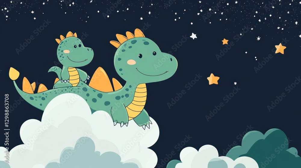 Obraz premium Cute dragons flying on clouds, night sky, stars, children's illustration, nursery decor