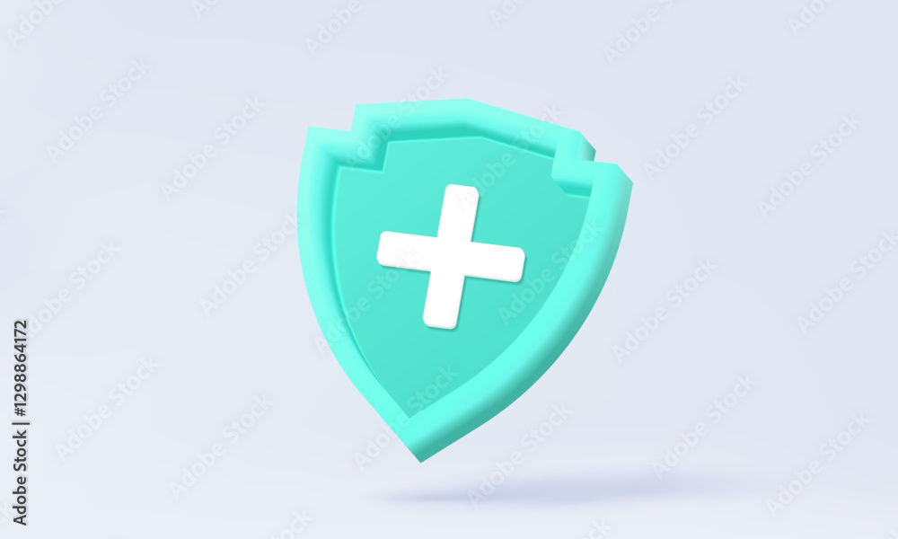 Fototapeta premium Green shield protection with plus symbol 3D vector icon on pastel background. assistance insurance immune service healthcare medicine hospital support doctor medical emergency. illustration