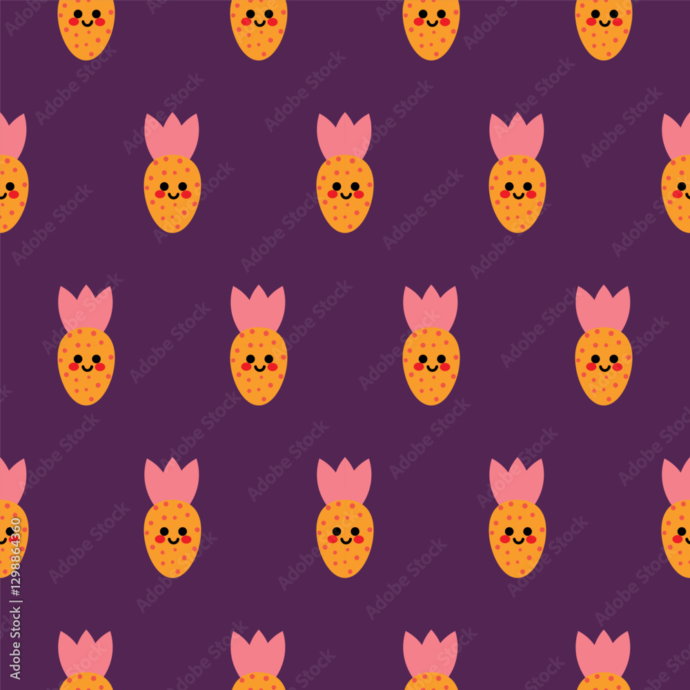 Naklejka premium Cute Strawberry Pattern With Smiling Cartoon Faces on Purple Background