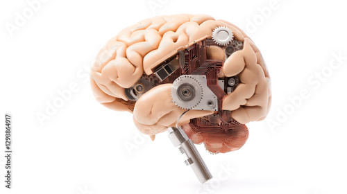 Futuristic brain with mechanical gears and circuits symbolizes artificial intelligence isolated on white background, cybernetics, and the fusion of human cognition with technology