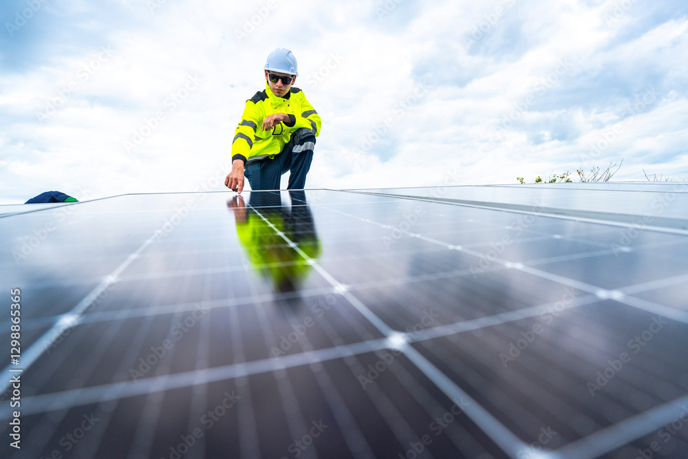 A skilled technician adjusts a solar panel on rooftop, emphasizing the transition to sustainable energy. Equipped with safety gear, the worker demonstrates precision in renewable energy installations. A skilled technician adjusts a solar panel on rooftop, emphasizing the transition to sustainable energy. Equipped with safety gear, the worker demonstrates precision in renewable energy installations.