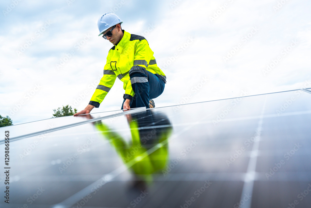 A skilled technician adjusts a solar panel on rooftop, emphasizing the transition to sustainable energy. Equipped with safety gear, the worker demonstrates precision in renewable energy installations.