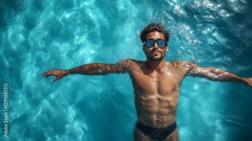 Man floats on back in turquoise pool, sunglasses on.