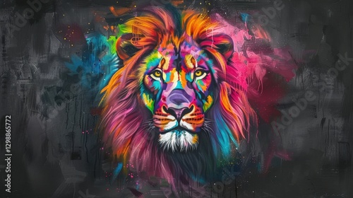 Colorful Lion Face With Vibrant Paint Splashes Set Against a Dark Backdrop in a Hyper Realistic Oil Painting Style