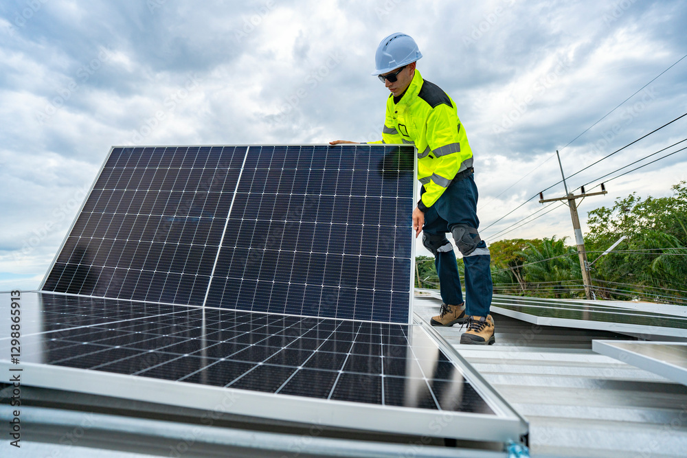 A skilled technician adjusts a solar panel on rooftop, emphasizing the transition to sustainable energy. Equipped with safety gear, the worker demonstrates precision in renewable energy installations. A skilled technician adjusts a solar panel on rooftop, emphasizing the transition to sustainable energy. Equipped with safety gear, the worker demonstrates precision in renewable energy installations.