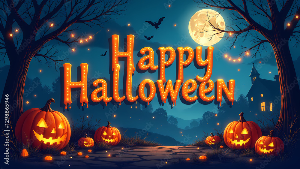 Fototapeta premium Halloween night scene with pumpkins and full moon