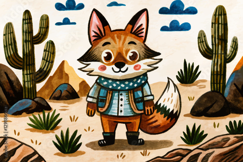 Canvas Print funny fox in desert landscape abstract cartoon illustration