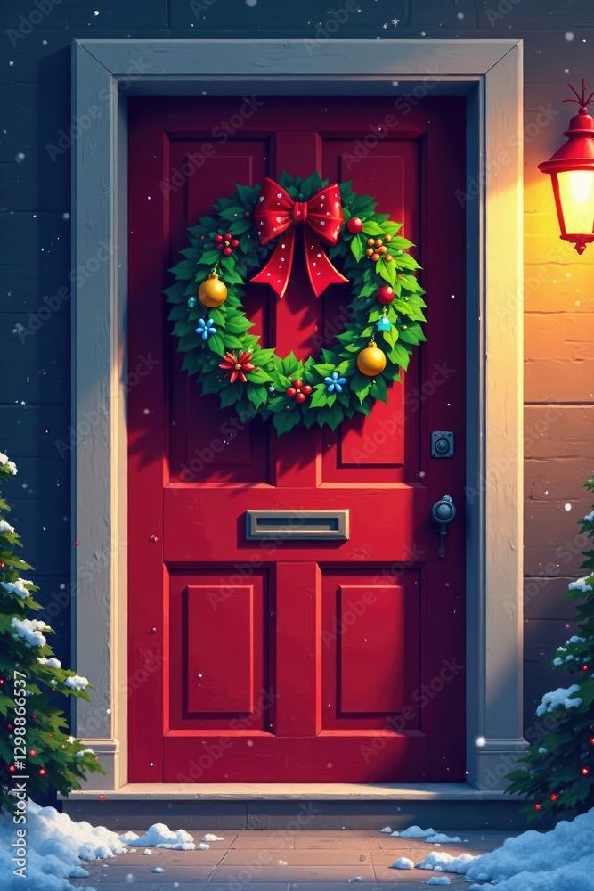 Fototapeta premium Colorful pixel art Christmas wreath on a door, Christmas wreath, door