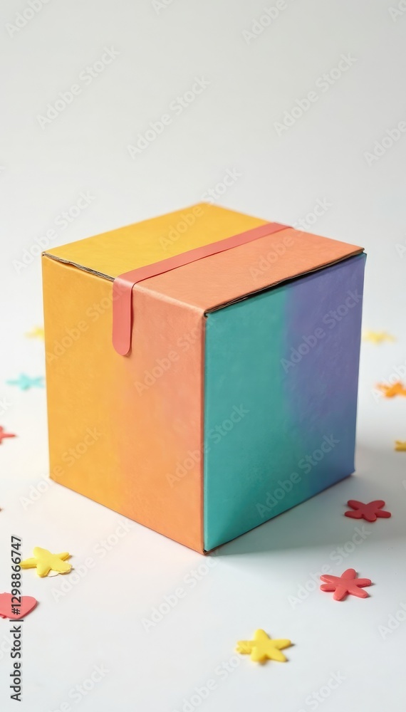 Obraz premium Colorful Styrofoam box on a white background with scattered paper shapes, white, background, empty