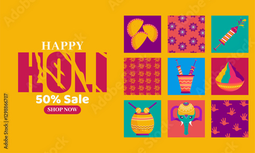 Happy Holi. Creative Flat minimal trendy style colorful geometric shape vector illustration background, poster and banner template design.