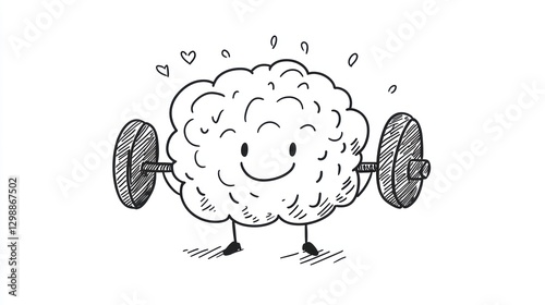 Happy brain in a doodle style lifting weights, symbolizing cognitive strength on a white background.