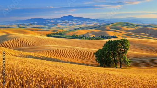 The radiant beauty of a sunlit wheat field, where rolling waves of golden grain sway in perfect rhythm, captivates the viewer.