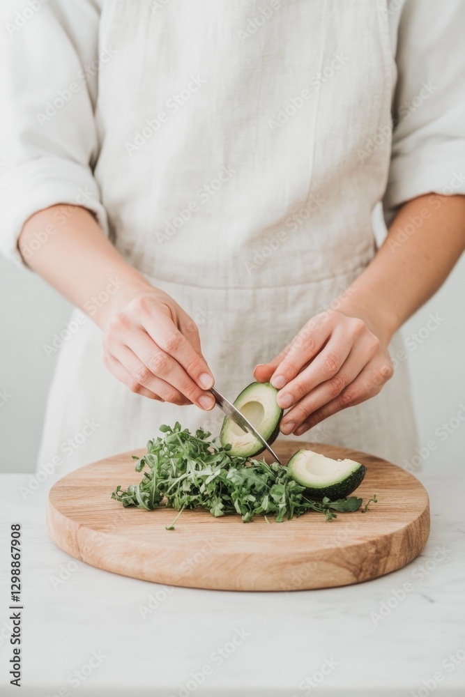 close-up of hands carefully slicing ripe avocado on wooden cutting board close-up of hands carefully slicing ripe avocado on wooden cutting board