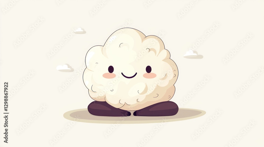 Fototapeta premium Vector cartoon meditation illustration of a cute calm brain character in lotus yoga pose on a white color background. Flat doodle style design of a smiling, relaxed brain.