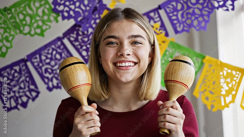 A cheerful woman holds wooden maracas at a colorful Cinco de Mayo celebration, surrounded by festive papel picado decorations.
