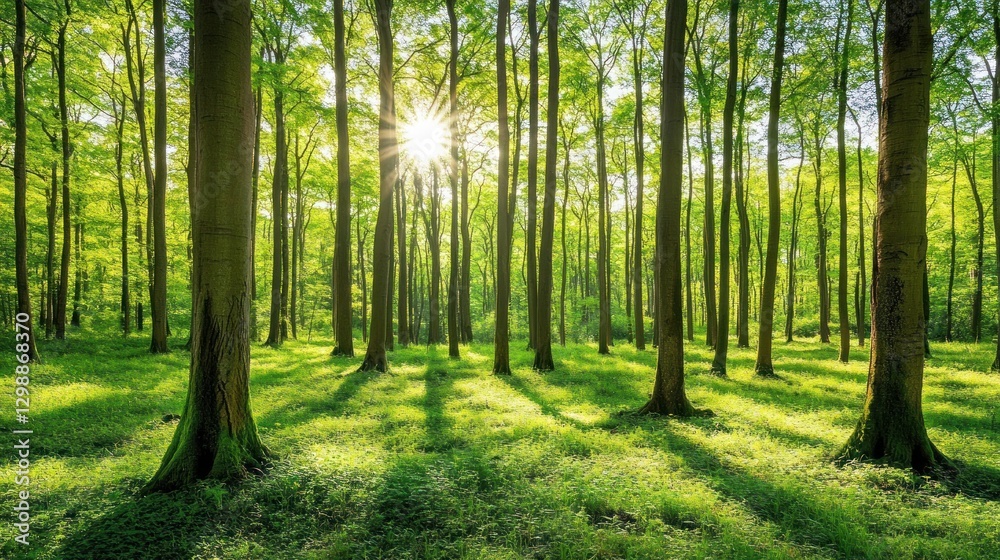 Sunlight Streaming Through a Lush Green Forest in Springtime Sunlight Streaming Through a Lush Green Forest in Springtime