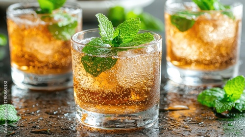 Refreshing Iced Drinks with Mint Garnish photo