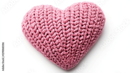 Pink heart-shaped knitted element, isolated, white background, handmade and textile-inspired