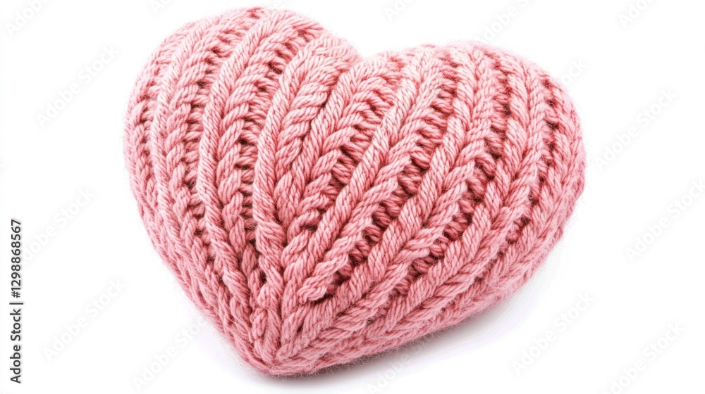 Fototapeta premium Pink knitted heart, isolated on white background, realistic texture, soft and cozy design