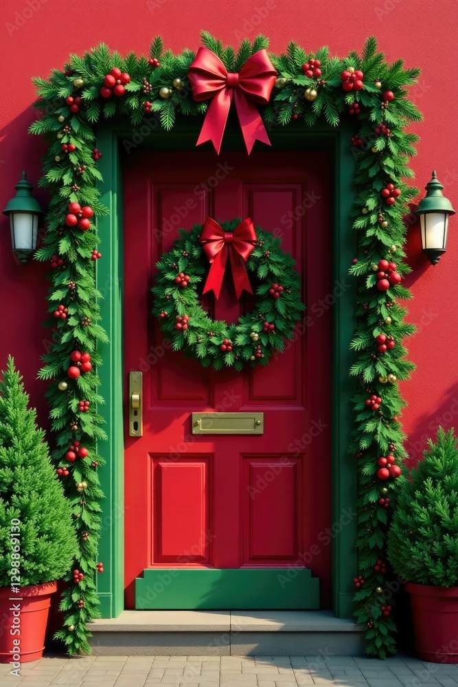 Fototapeta premium Holiday front door adorned with holly and mistletoe in shades of red green and gold, red, front door, green