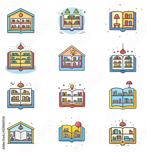 Colorful Library Icons Representing Bookish Spaces