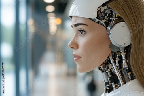 The close-up profile of a humanlike robot showcases intricate details and a graceful design, embodying the evolution of robotics and its approach to human features.