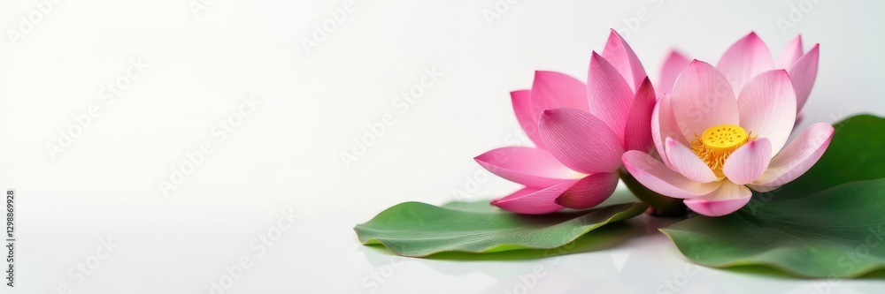 Pink lotus flowers with delicate green leaves on a white surface, floral, white surface Pink lotus flowers with delicate green leaves on a white surface, floral, white surface