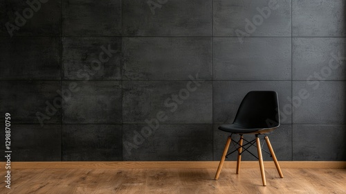 Modern black chair against dark wall, wood floor, minimalist interior design, website background