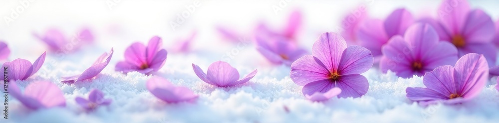 Fototapeta premium Purple flower petals scattered on a snowy white background, delicate,