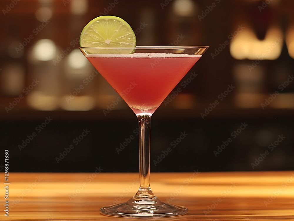 A tart and sweet Cosmopolitan with cranberry and lime served on a beach A tart and sweet Cosmopolitan with cranberry and lime served on a beach