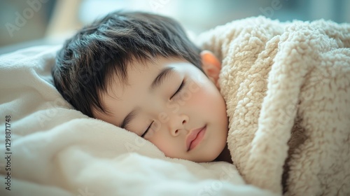 A young sleeping child is peacefully tucked in their warm bedding