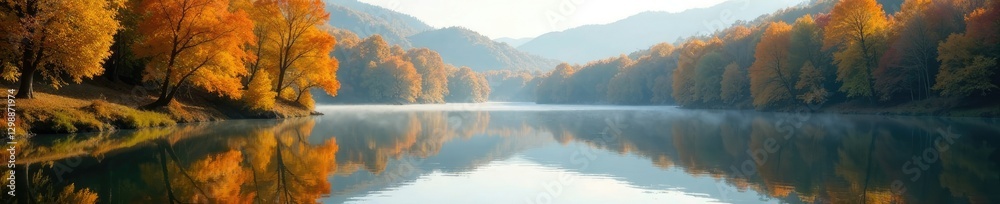 Fototapeta premium Serene lake on autumn morning with golden leaves reflected in its calm waters, golden leaves, foliage, reflections