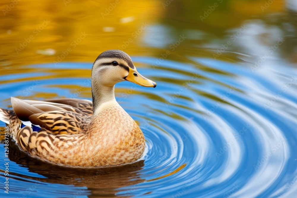 A peaceful morning lake with a single duck gliding across, leaving a V-shaped ripple A peaceful morning lake with a single duck gliding across, leaving a V-shaped ripple